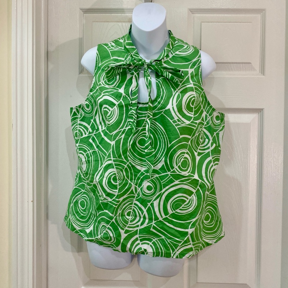 Merona Green and White Swirl Sleeveless Blouse w Tie | EUC | XL